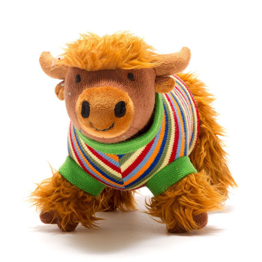 Knitted Highland Cow Soft Toy with Stripe Jumper