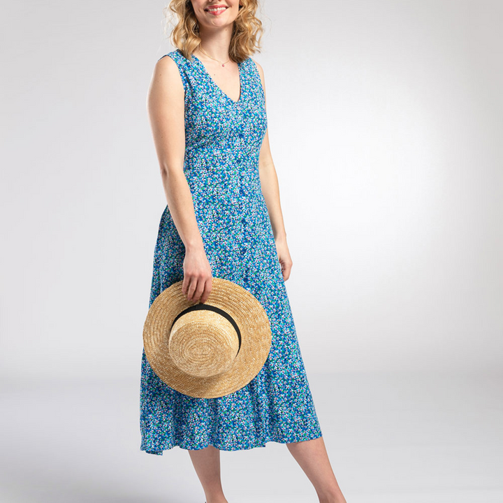 Womens Sleeveless Midi Dress with pockets in Blue