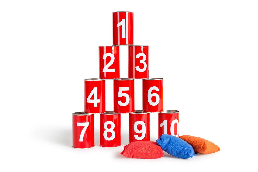 Vintage style Game - Knock The Cans Down. Comes with 10 Red Cans 3 coloured bean bags.