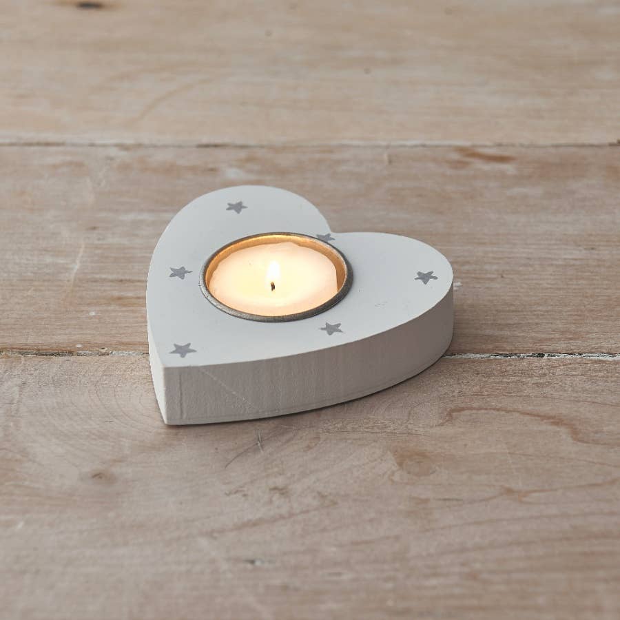 White Wooden Heart T-Light Holder, 9cm