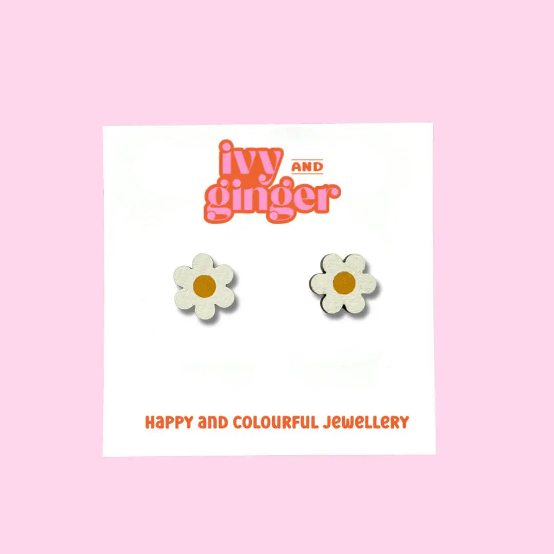 White daisy stud printed wooden earrings