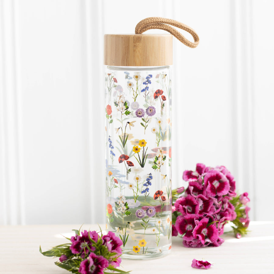 Wildflower glass and bamboo water bottle