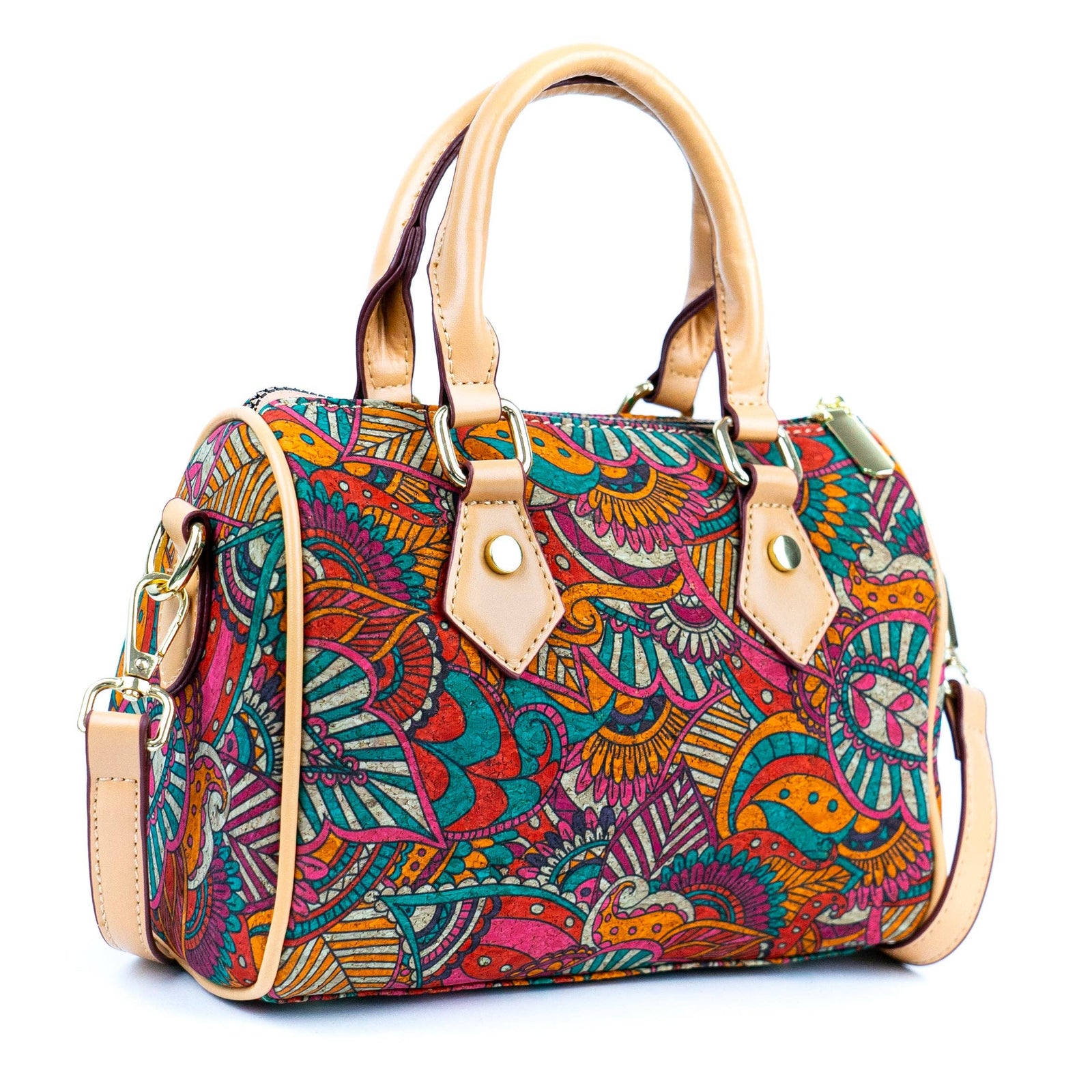 A multicolored floral cork crossbody bucket bag with a beige strap and accents, displayed against a white background.