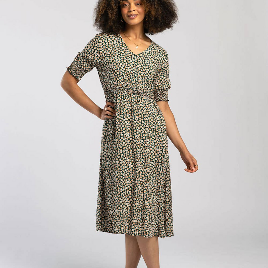 Women's Floral Shirred Waist Midi Dress With Pockets.