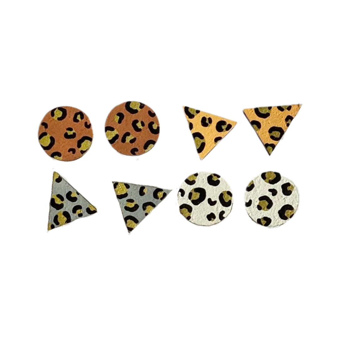 Gold Leopard Print Wooden Stud Earrings Set