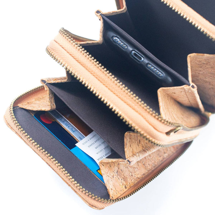 Women's Natural Cork Crossbody Phone Bag with Triple Zipper Design