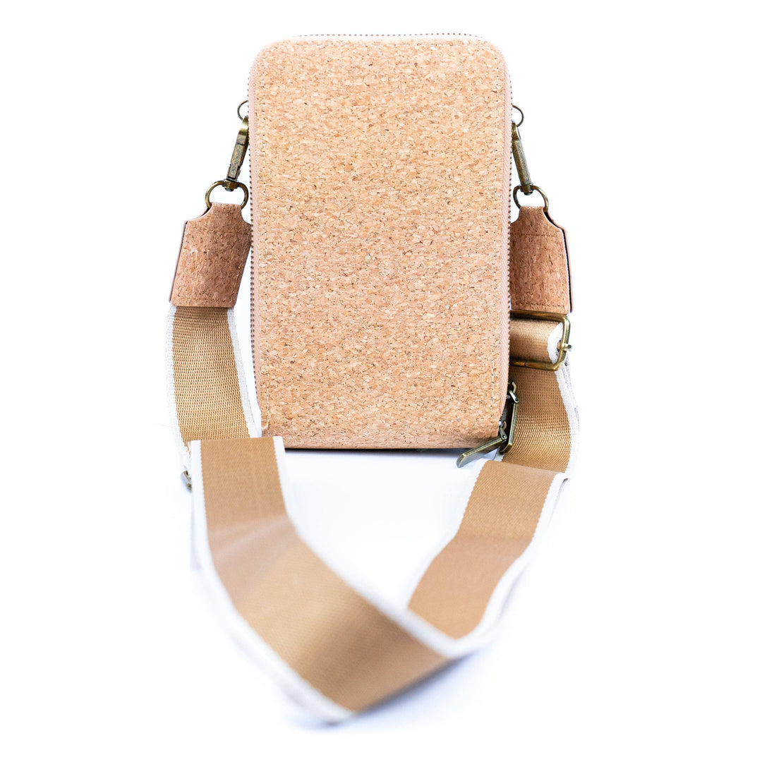 Women's Natural Cork Crossbody Phone Bag with Triple Zipper Design