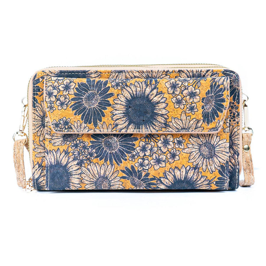 Women's cork crossbody phone bag with sunflower print.