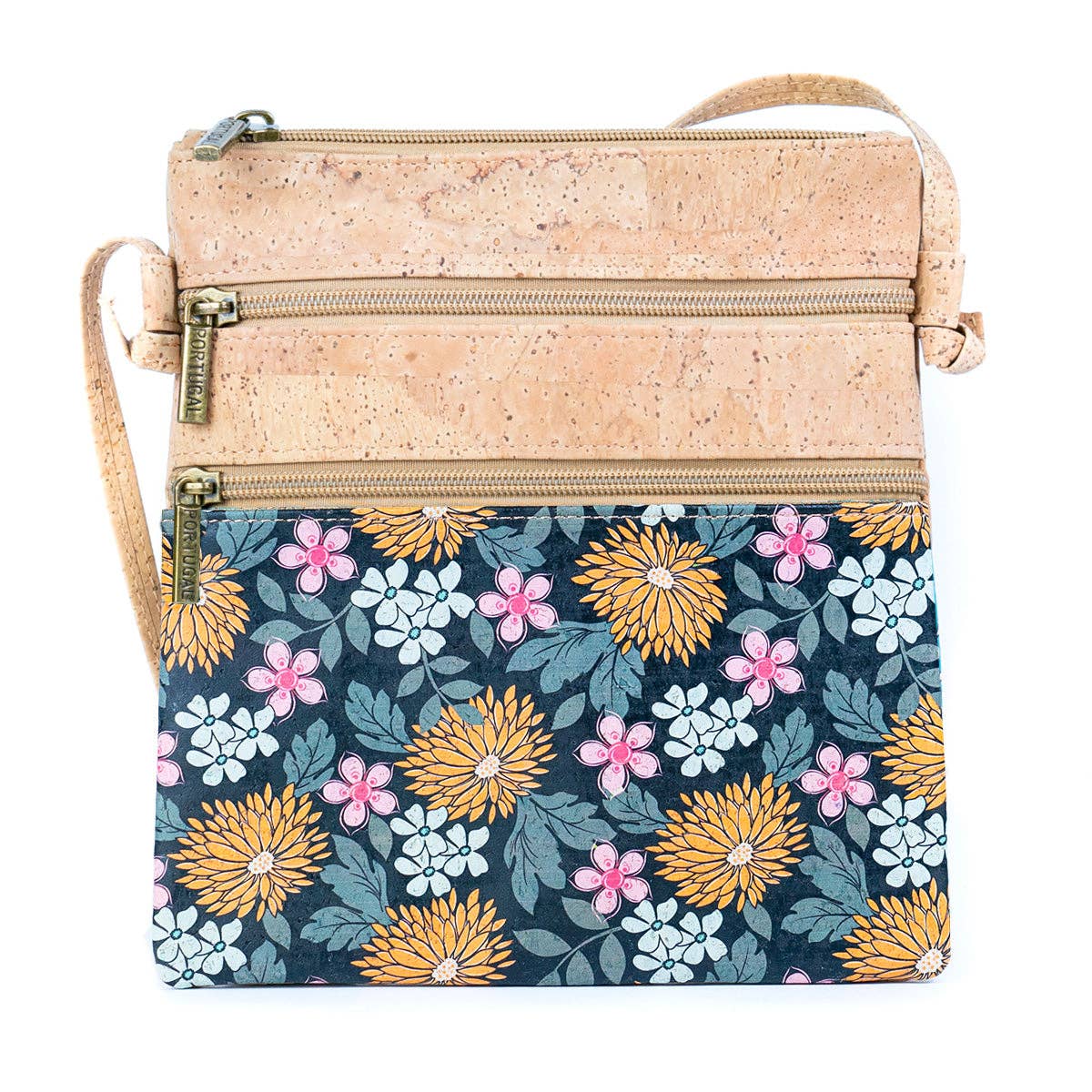 Women's Cork Double Zip Flower print Crossbody Bag