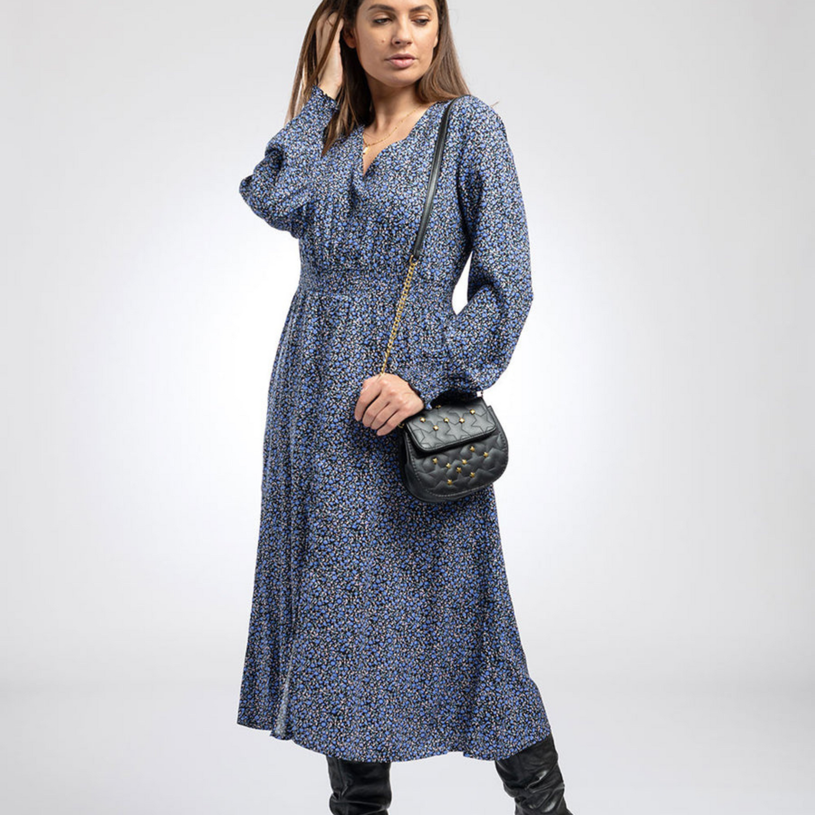 Womens Indigo Shirred Waist Midi Dress in Floral - The Eco Boutique 