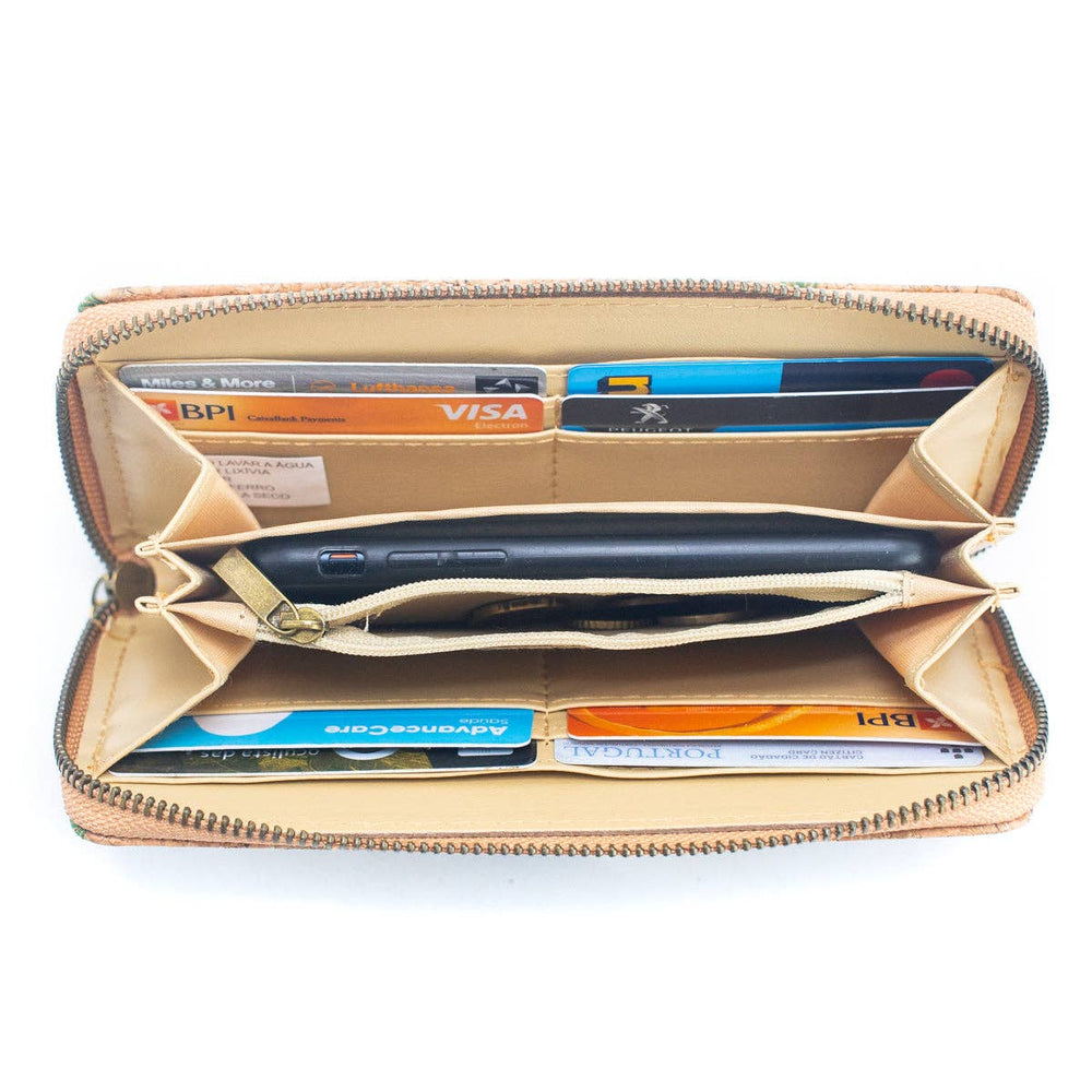 Open beige wallet with various cards inside on a white background