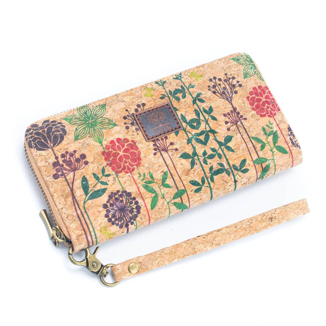 Floral patterned wallet with a strap on a white background