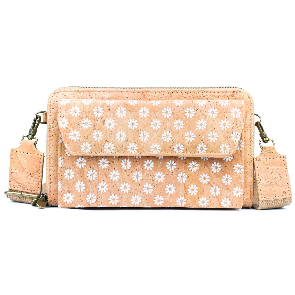 Womens natural cork shoulder phone purse with snap button in a daisy print. 