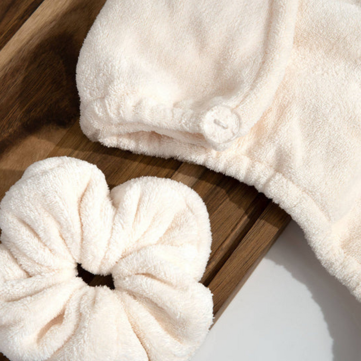 Womens vegan hair towel and scrunchies