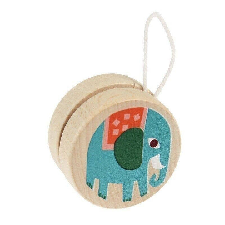 A collection of wooden yoyos with various animal prints, displayed in a box, with the text 'Wild Wonders Wooden Yo-Yos' on the top.
