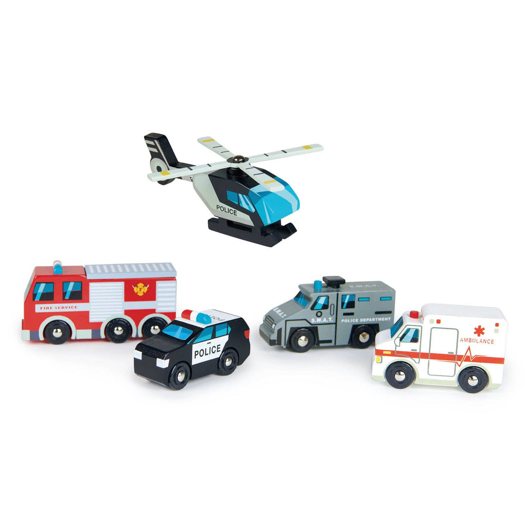 Children's wooden emergency vehicle toys. 