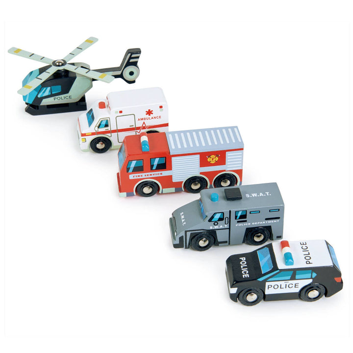 Children's wooden emergency vehicle toys. 