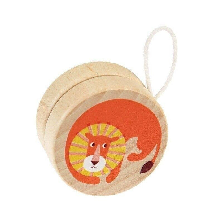 A collection of wooden yoyos with various animal prints, displayed in a box, with the text 'Wild Wonders Wooden Yo-Yos' on the top.