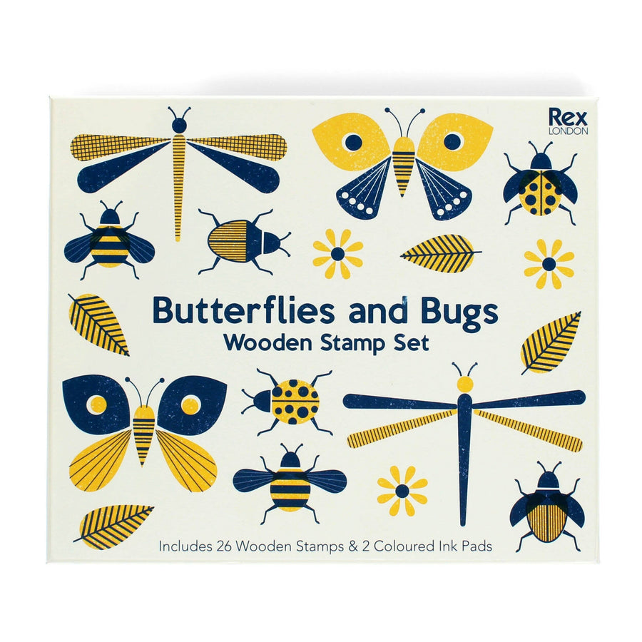 Butterflies and Bugs wooden stamp set packaging with illustrations of insects and flowers on a white background.