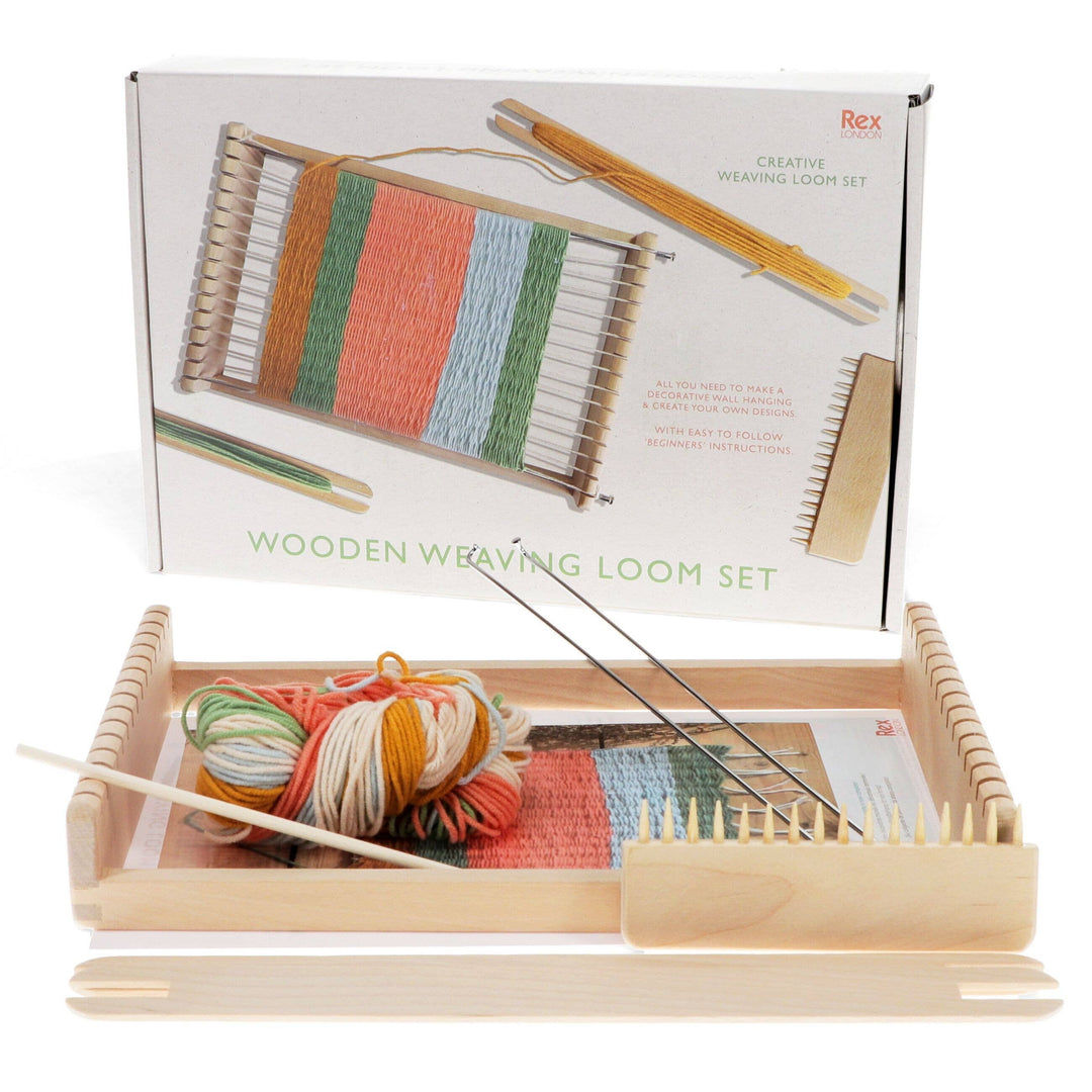 Wooden weaving loom set with colorful yarn and packaging displaying product details.