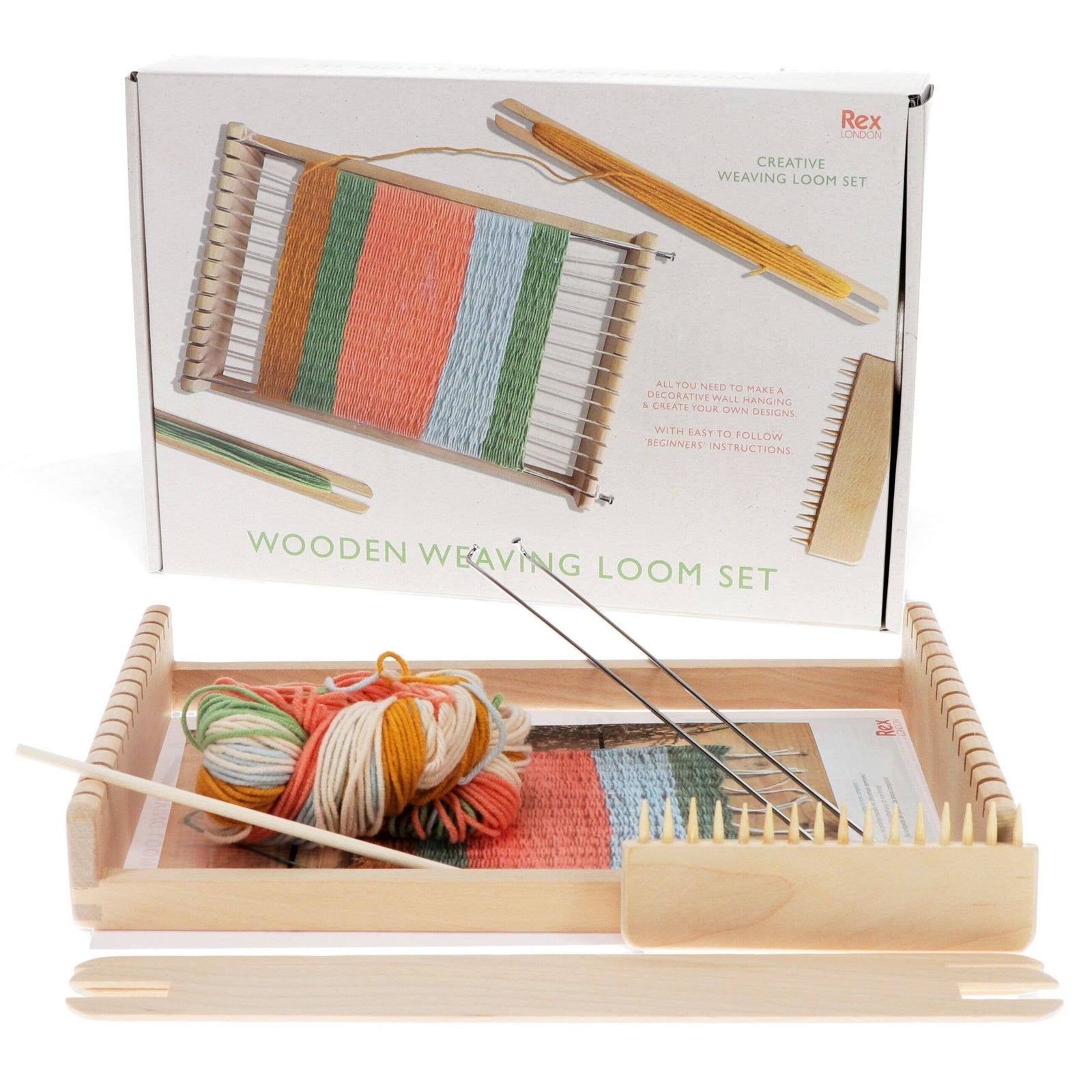 Wooden weaving loom set with colorful yarn and packaging displaying product details.