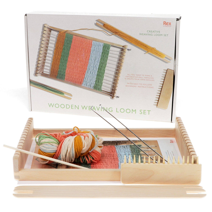 Wooden weaving loom set with colorful yarn and packaging displaying product details.