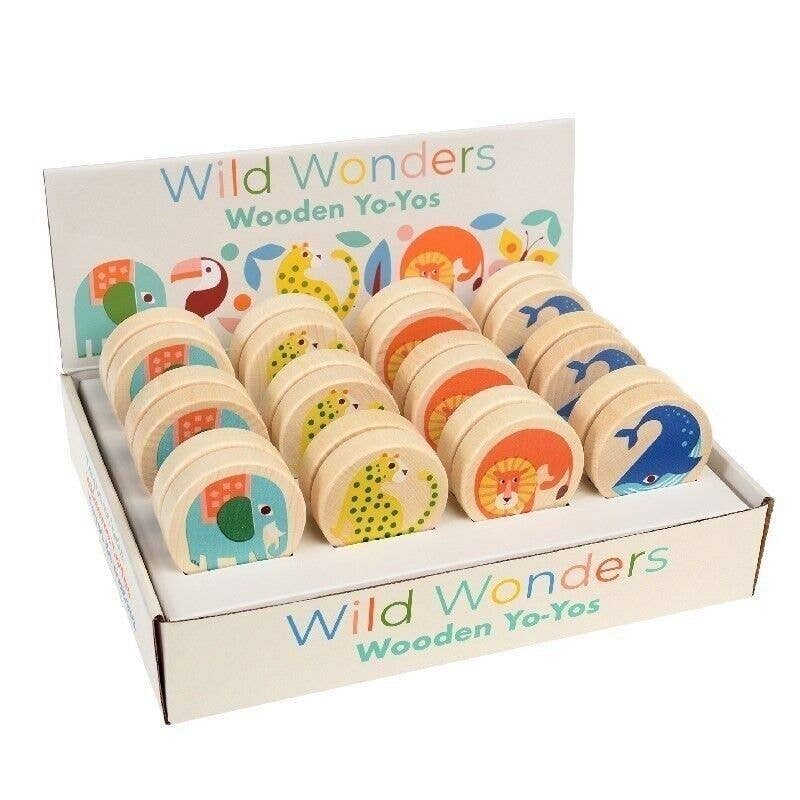 A collection of wooden yoyos with various animal prints, displayed in a box, with the text 'Wild Wonders Wooden Yo-Yos' on the top.