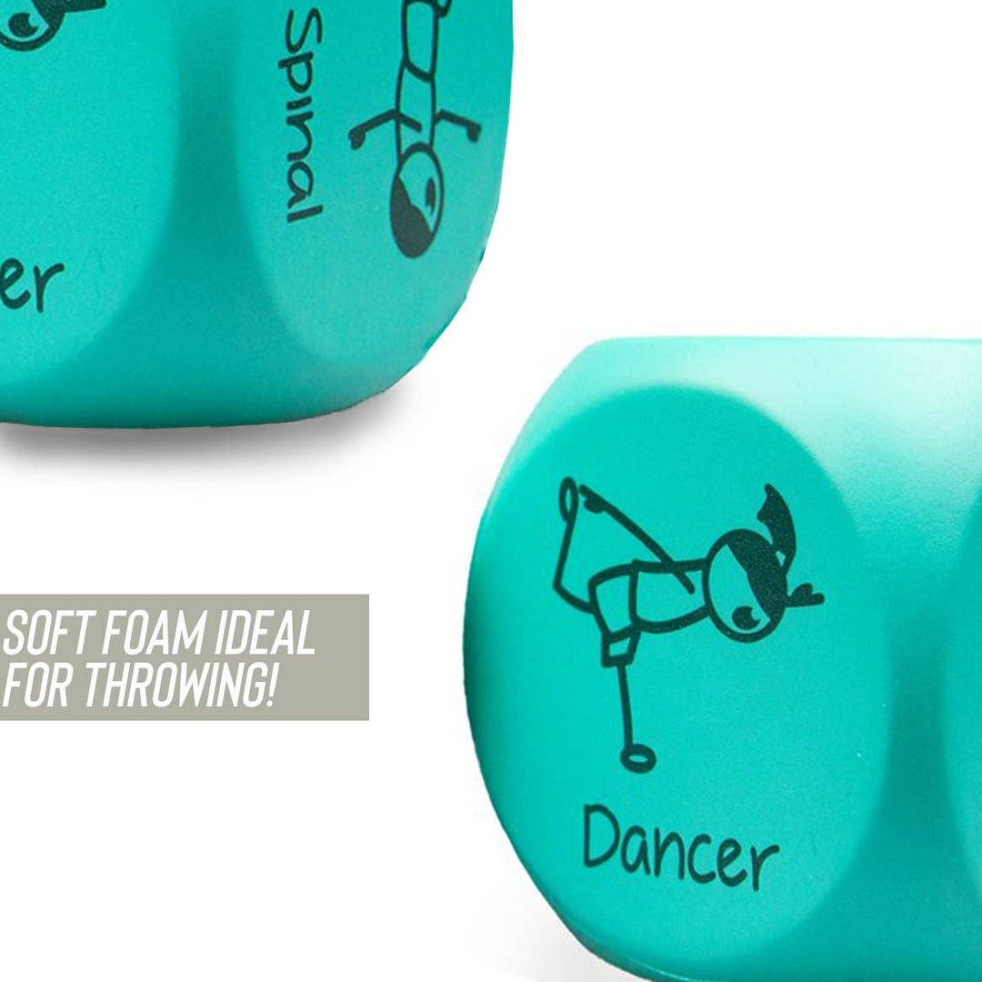 Two turquoise foam dice with 'Spiral' and 'Dancer' labels on a white background.
