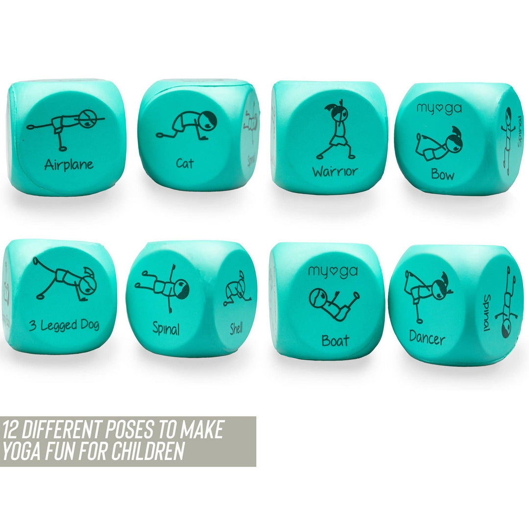 Turquoise Dices showing yoga moves for kids to copy.