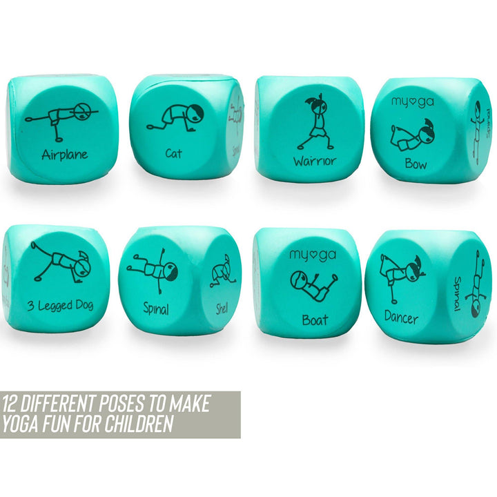 Turquoise Dices showing yoga moves for kids to copy.