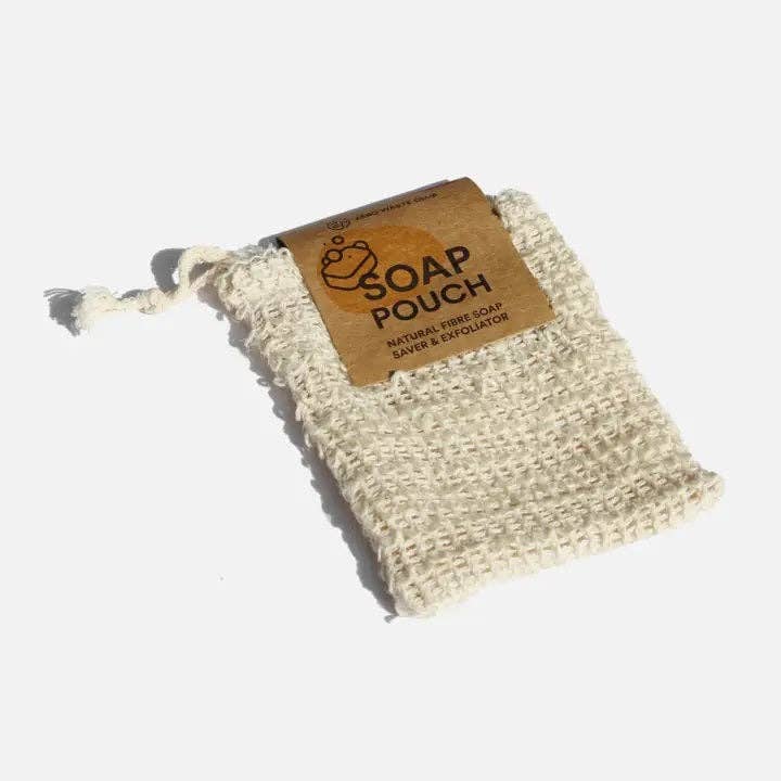 Beige soap pouch with a wooden label on a white background