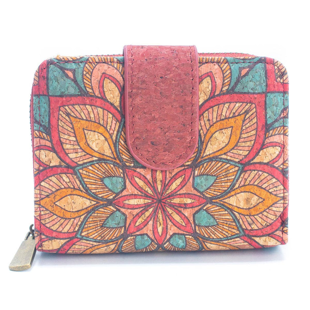 Womens Natural Cork Short Card Wallet - Mandala