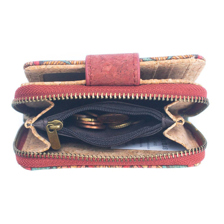 Womens Natural Cork Short Card Wallet - Mandala