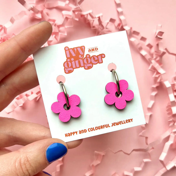 Hand Painted Neon Wooden Flower Statement Hoop Earrings