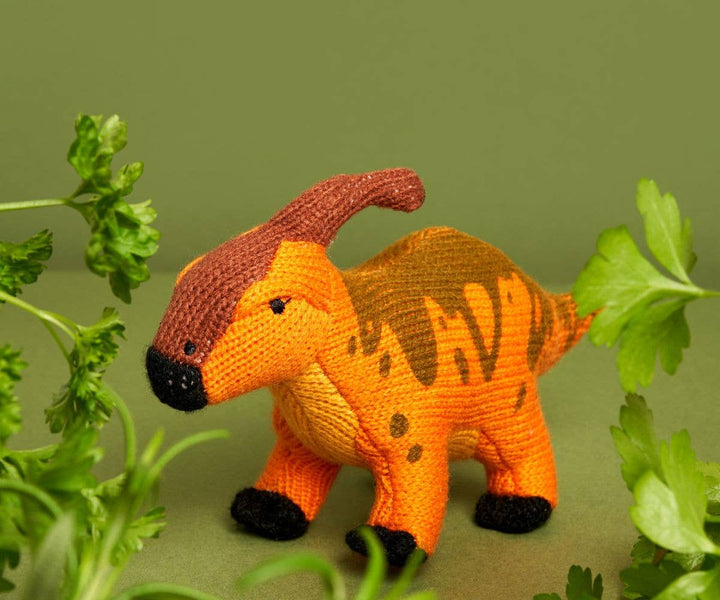Knitted Parasaurolophus Dinosaur Baby Rattle Orange