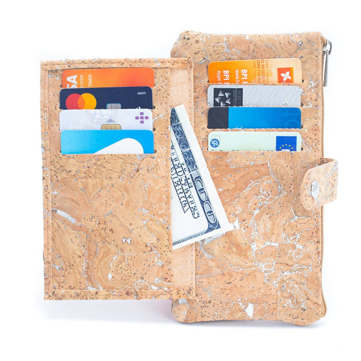 Gold and silver cork Slim card snap long wallet