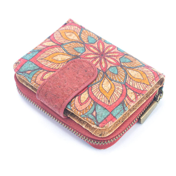 Womens Natural Cork Short Card Wallet - Mandala