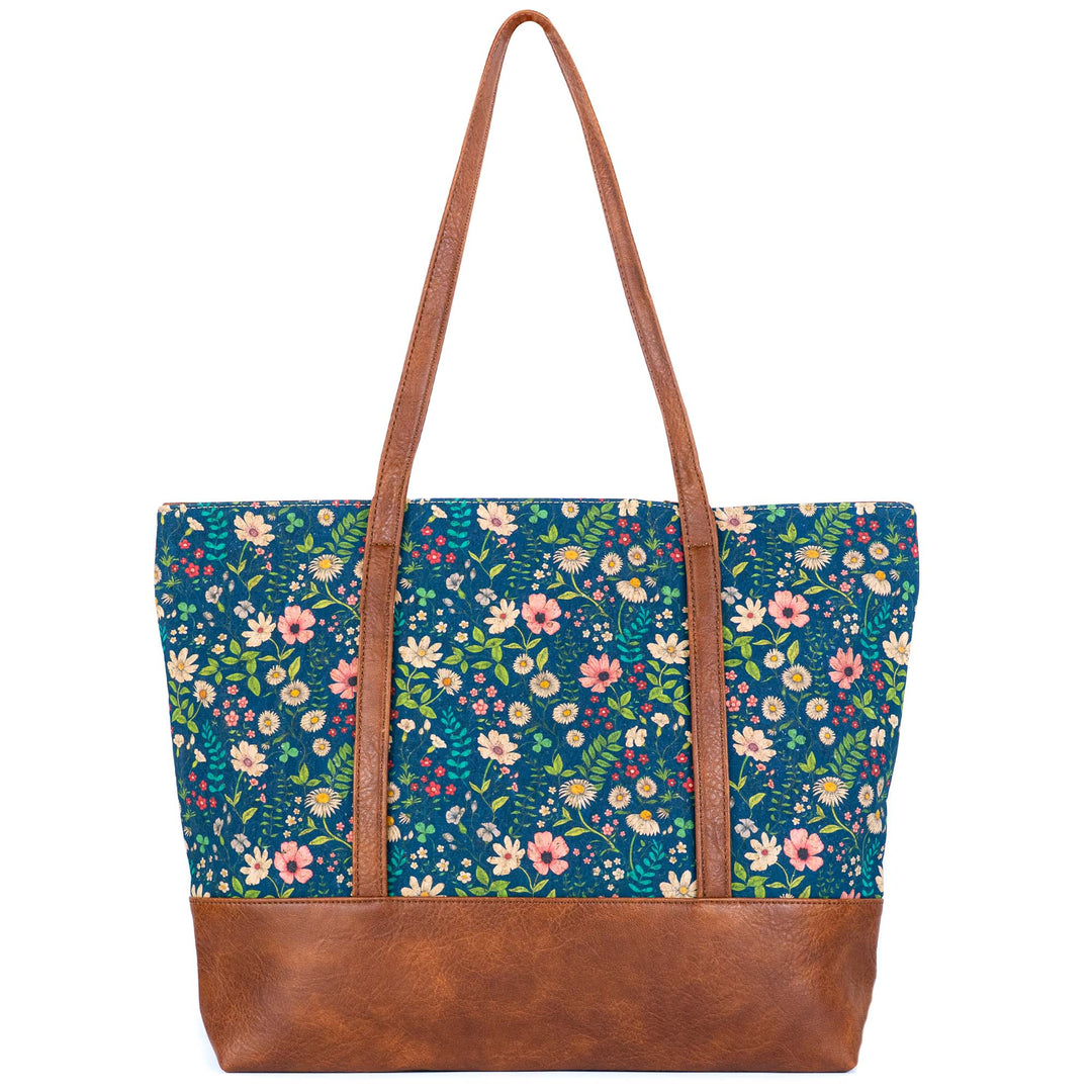 Womens Navy Floral Cork Tote Bag