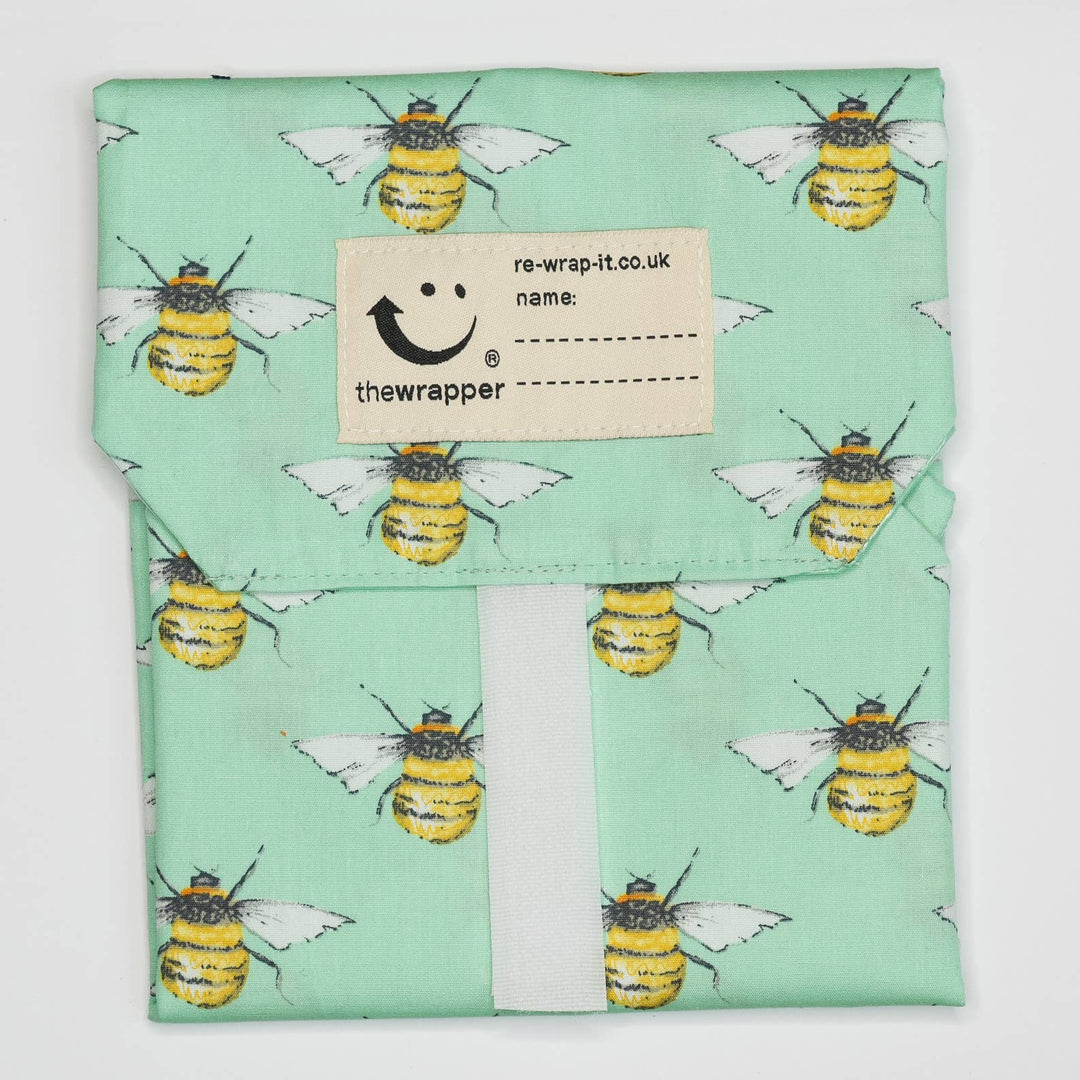 Reusable Sandwich Wrapper blue with bee design.