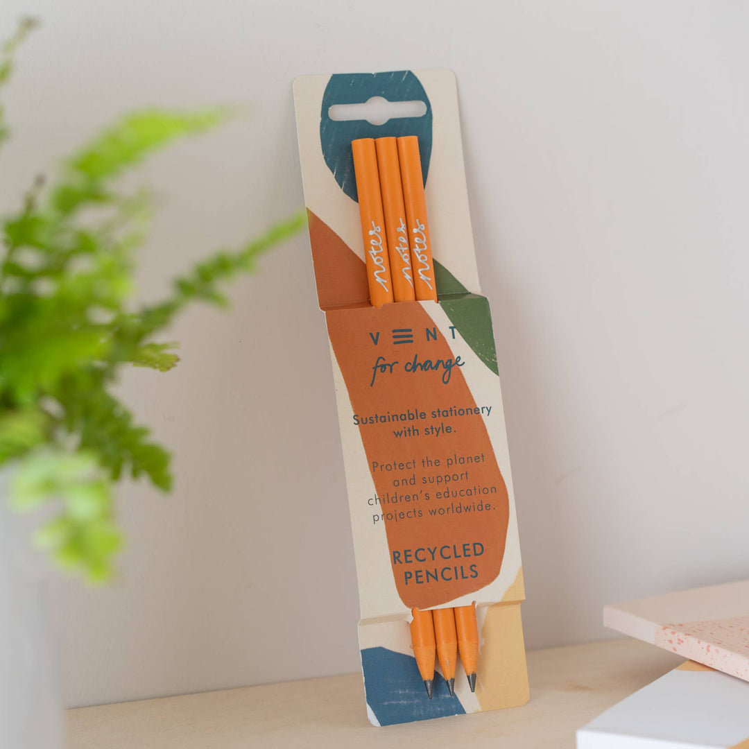 Pack of 3 recycled pencils in Earth Notes pencil sleeve. Pencils finished with a stunning silver embossed ‘notes’.
