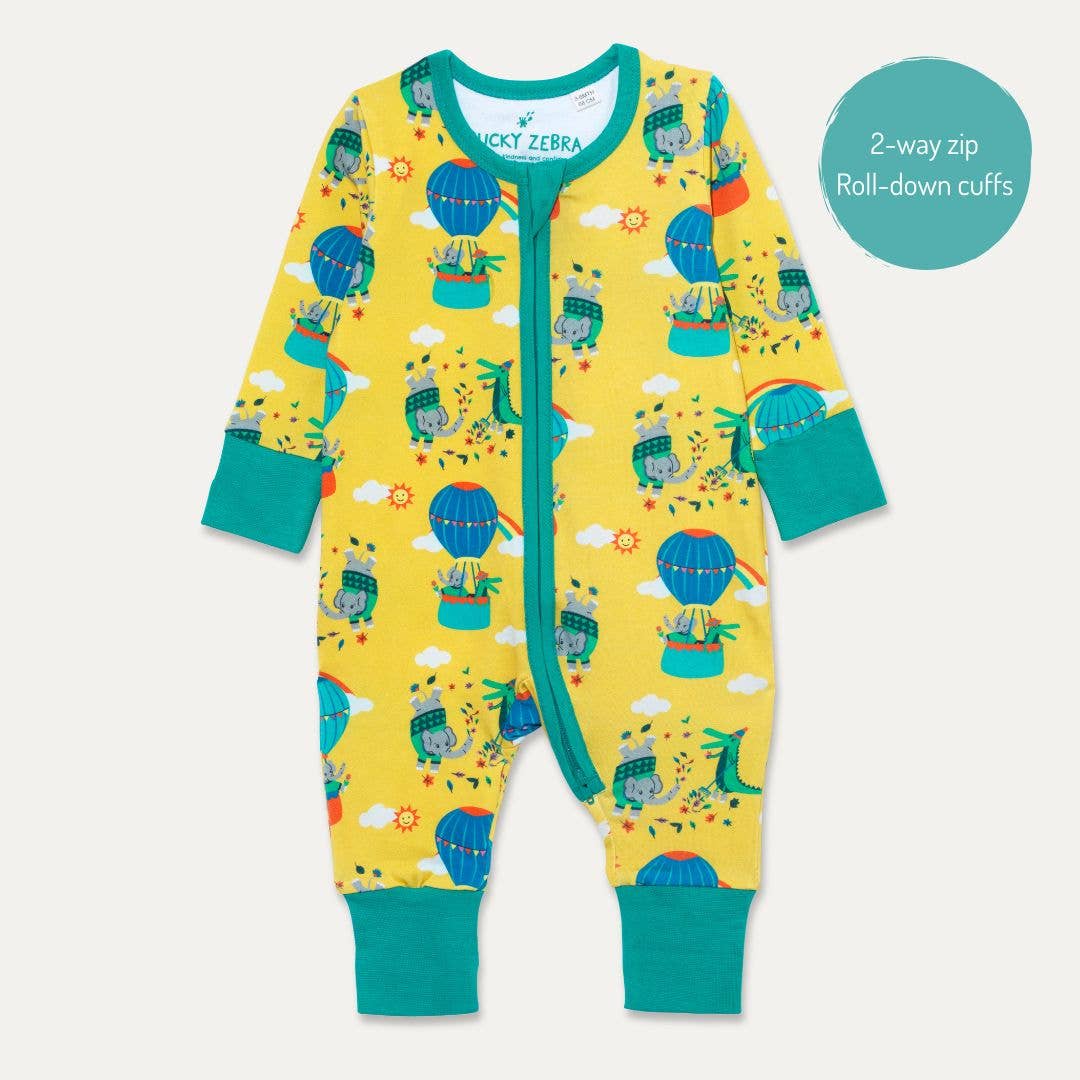 Organic Cotton Zip-Up Romper with Hot Air Balloon Print