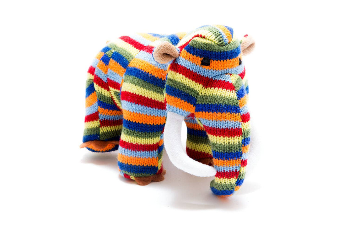 Knitted Woolly Mammoth Dinosaur Baby Rattle - Rainbow Stripe