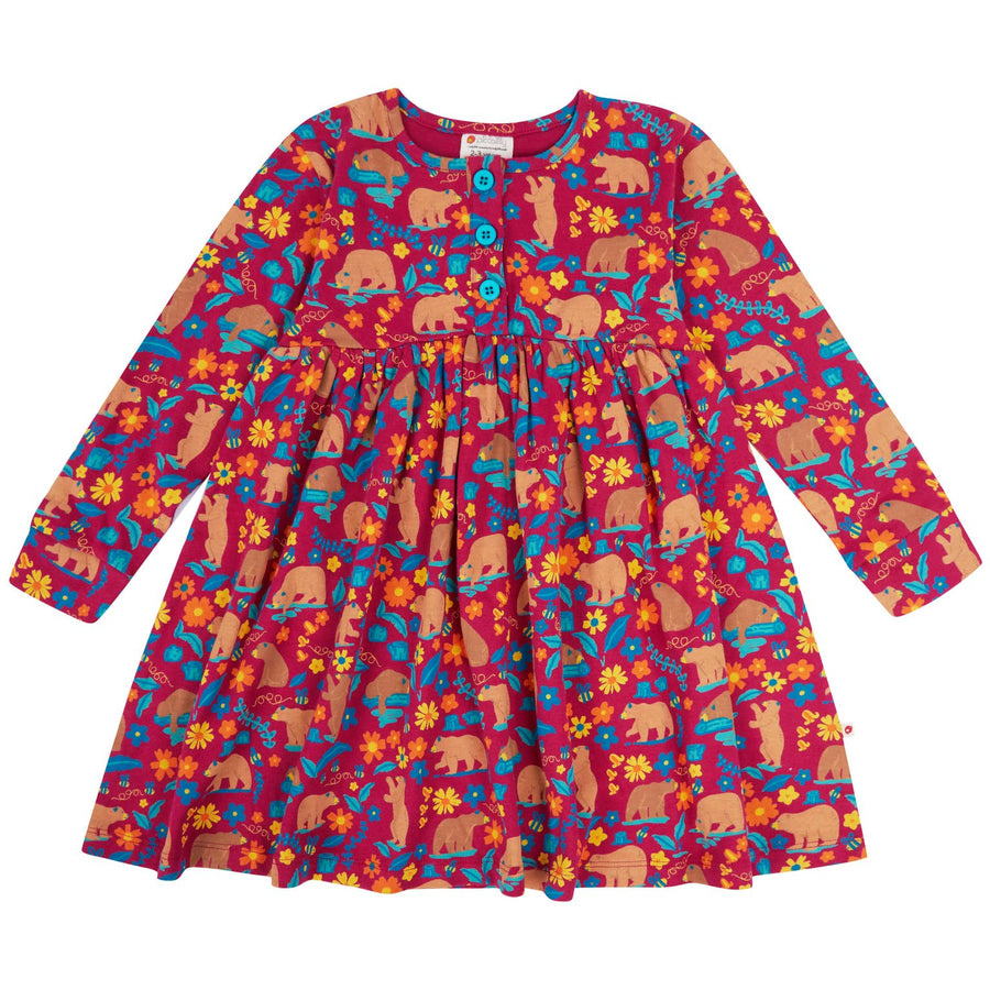 Children's Organic Dress - Honey bear design with buttons.