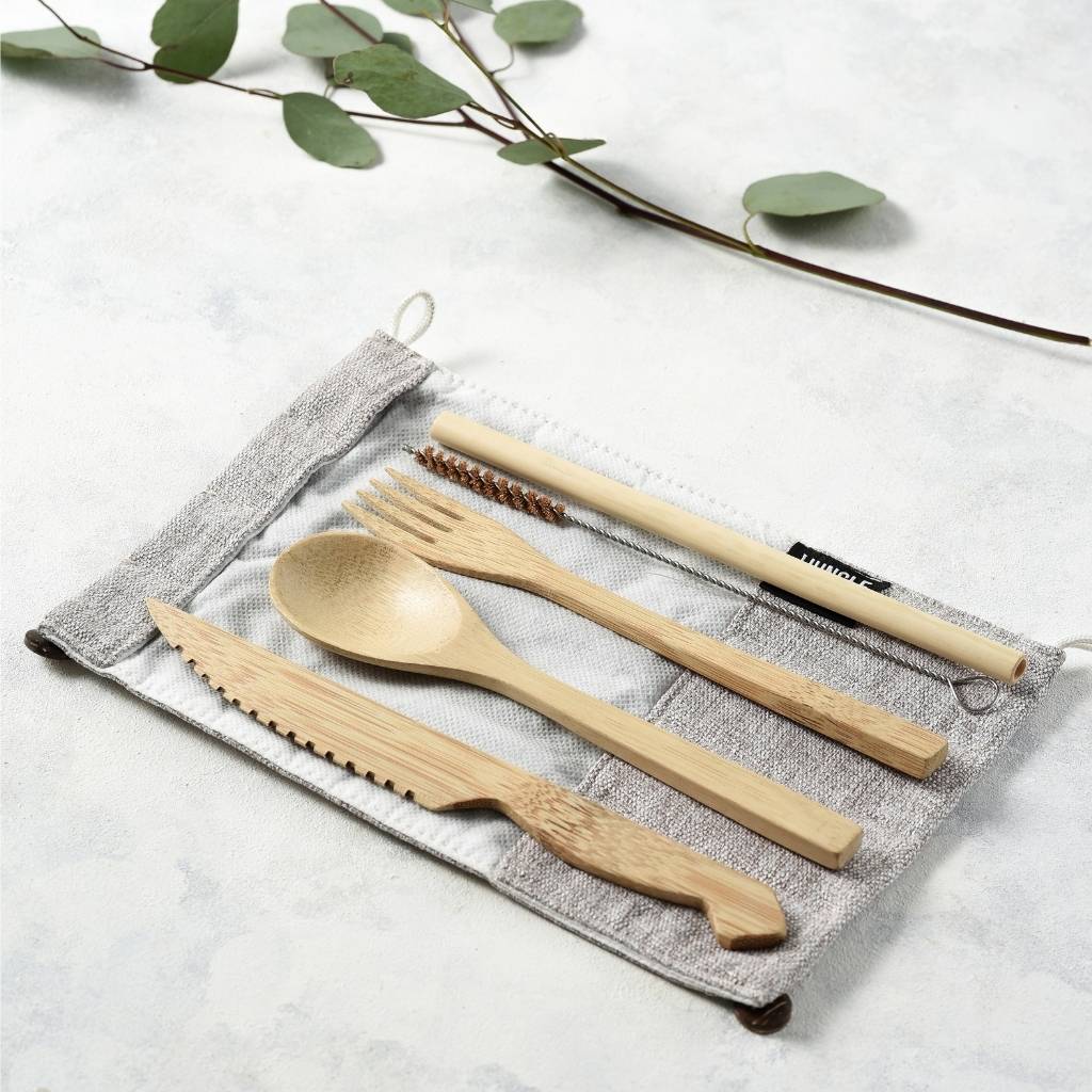 Reusable Bamboo Cutlery Set - Handmade & Eco-friendly Pack - (Blue, Brown, Grey)
