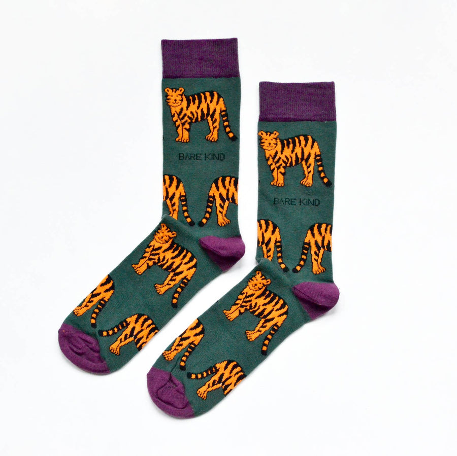 Bamboo socks with tiger print on green and purple socks.