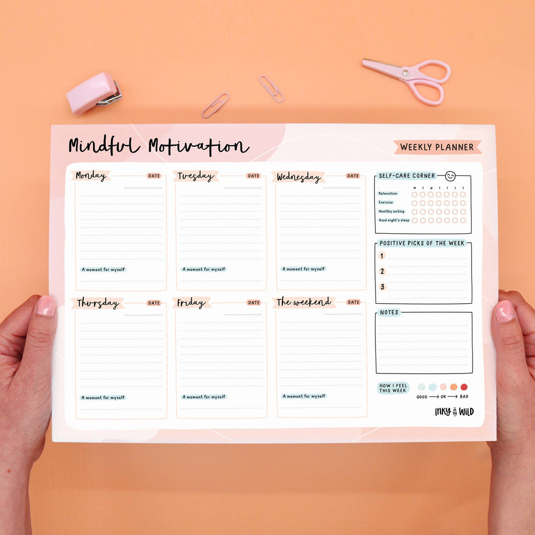 5-day plus combined weekend overview - A daily moment for myself - Self-care corner - Three positive picks of the week - Notes section - Individually packaged in biodegradable and compostable wrappers with eco sticker.