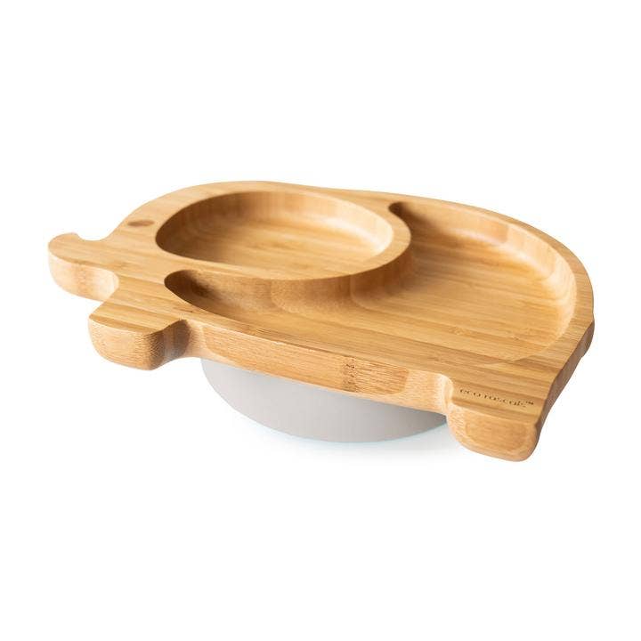 Children's bamboo weaning suction plate in the shape of an elephant.