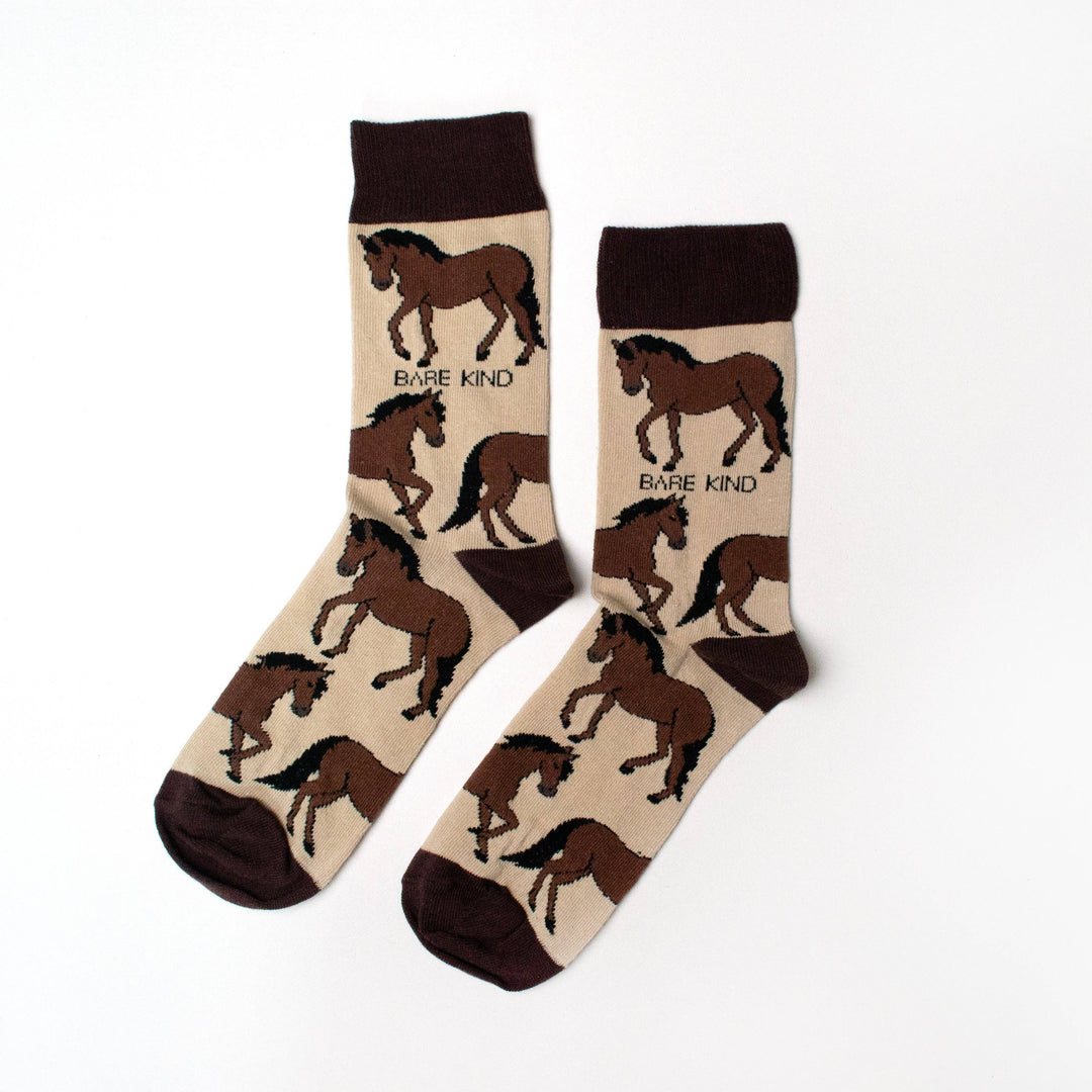 Bamboo socks with horse print on cream and brown socks.