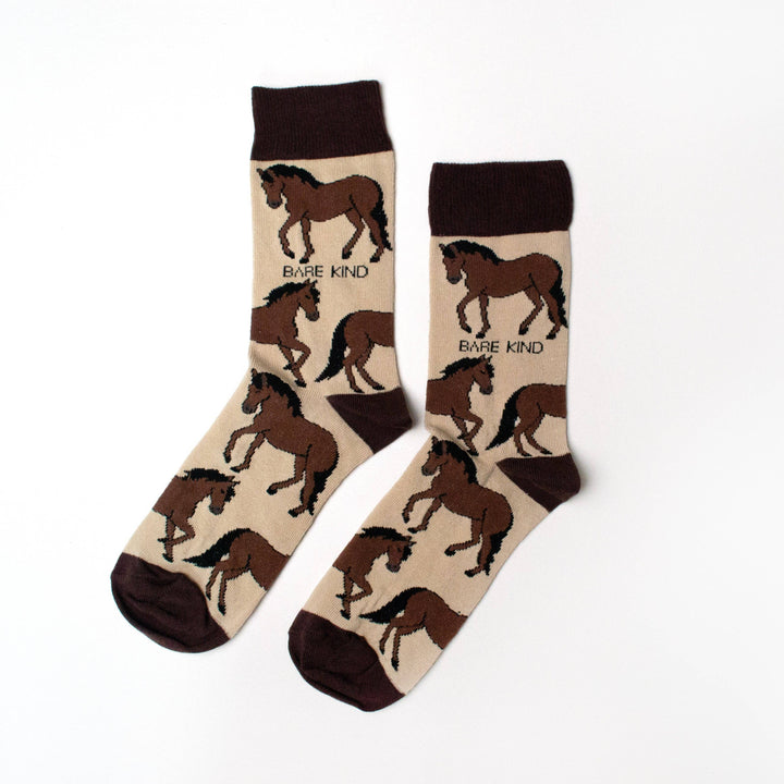 Bamboo socks with horse print on cream and brown socks.