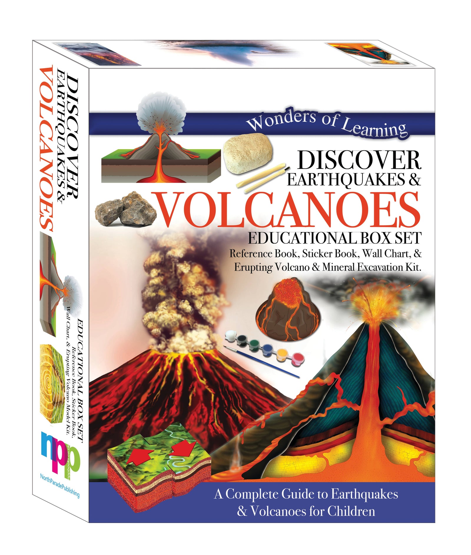 Children's activity tin - This Discover Earthquakes and Volcanoes box set contains a 48 page reference book, an earthquakes and volcanoes wall chart,a 24 page sticker book and an erupting volcano model kit.